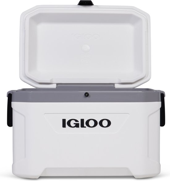 Open witte Igloo koelbox met grijze dekselrand.