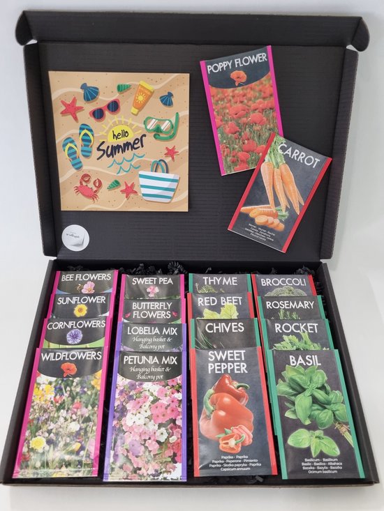 Foto: Zaden pakket met mystery card hello summer met jouw eigen persoonlijke videoboodschap pakket met 18 verschillende bloemen kruiden en groentenzaden in 1 box door de brievenbus verjaardag vaderdag moederdag