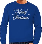 Foute Kersttrui / sweater - Merry Christmas - zilver / glitter - blauw - heren - kerstkleding / kerst outfit S