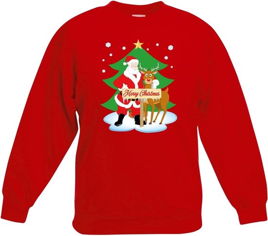 Pull de Noël rouge Père Noël et renne Rudolf pour sapin de Noël