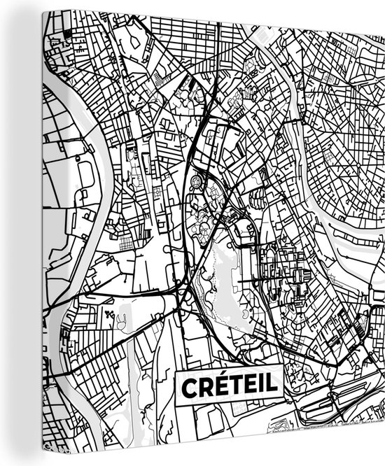 Canvas Schilderij Stadskaart - Frankrijk - Créteil - Kaart - Plattegrond - Zwart wit - 50x50 cm - Wanddecoratie