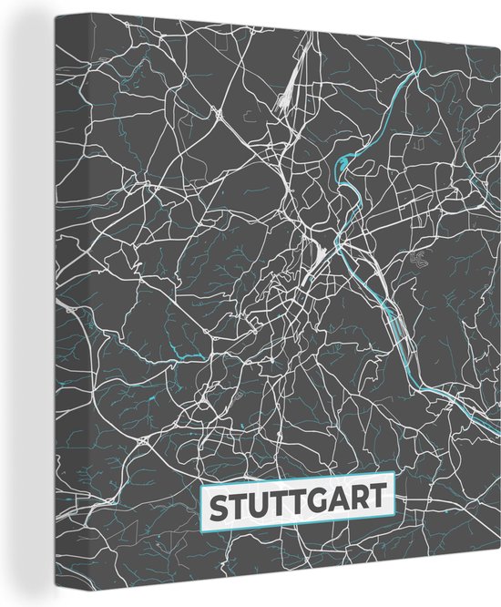 Canvas Schilderij Blauw – Duitsland – Plattegrond – Stadskaart – Kaart – Stuttgart - 90x90 cm - Wanddecoratie