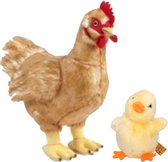 Set van Pluche kip en gele kuiken knuffel 12 en 35 cm speelgoed- Kippen/kuiken boerderijdieren knuffels/knuffeldieren/knuffels voor kinderen