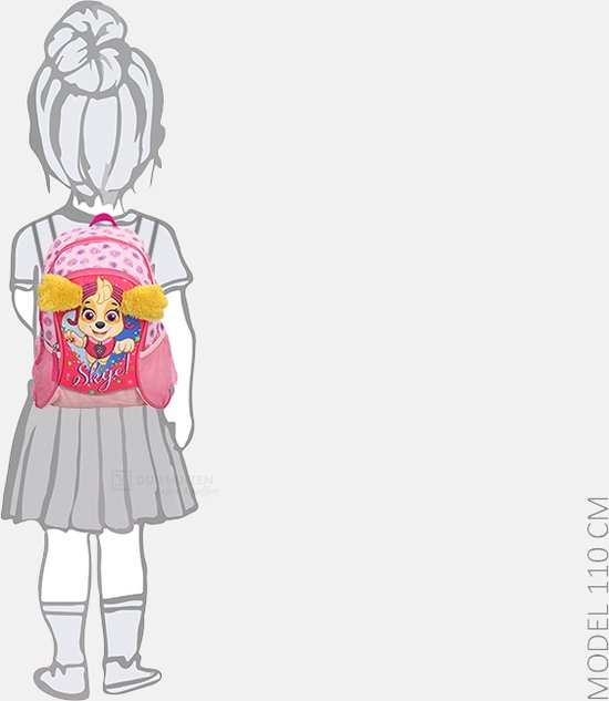 Fille avec une queue de cheval porte un sac à dos rose Paw Patrol de Skye.