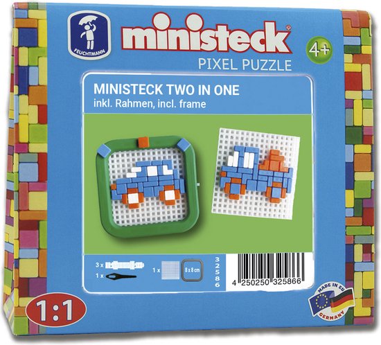 Ministeck doos met een blauwe en oranje auto gemaakt van pixelblokjes, 4+.