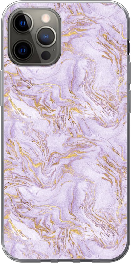 Geschikt voor iPhone 13 Pro hoesje - Abstract - Marmer print - Goud - Paars - Patroon - Siliconen Telefoonhoesje