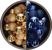 Bellatio Decorations Kerstballen mix - 74-delig - kobalt blauw en goud - 6 cm - kunststof
