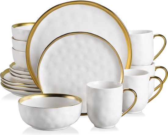 Ensemble de vaisselle en porcelaine blanche avec bordure dorée