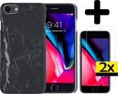 Hoesje Geschikt voor iPhone SE 2022 Hoesje Marmer Case Hard Cover Met 2x Screenprotector - Hoes Geschikt voor iPhone SE (2022) Case Marmer Hoesje Backcover - Zwart