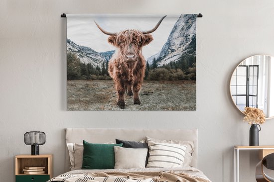 Wandkleed - Wanddoek - Schotse Hooglander - Berg - Dieren - 180x135 cm - Wandtapijt