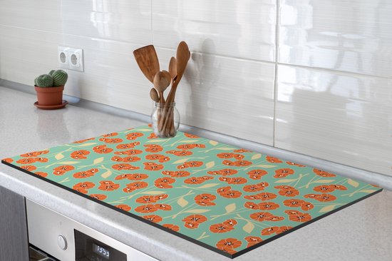 KitchenYeah® Inductie beschermer 91.6x52.7 cm - Retro - Bloemen - Design - Oranje - Kookplaataccessoires - Afdekplaat voor kookplaat - Inductiebeschermer - Inductiemat - Inductieplaat mat