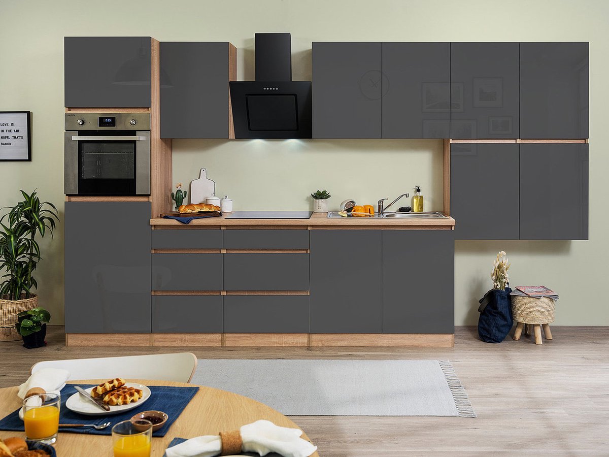 Goedkope keuken 370 cm - complete keuken met apparatuur Lorena - Eiken/Grijs - soft close 