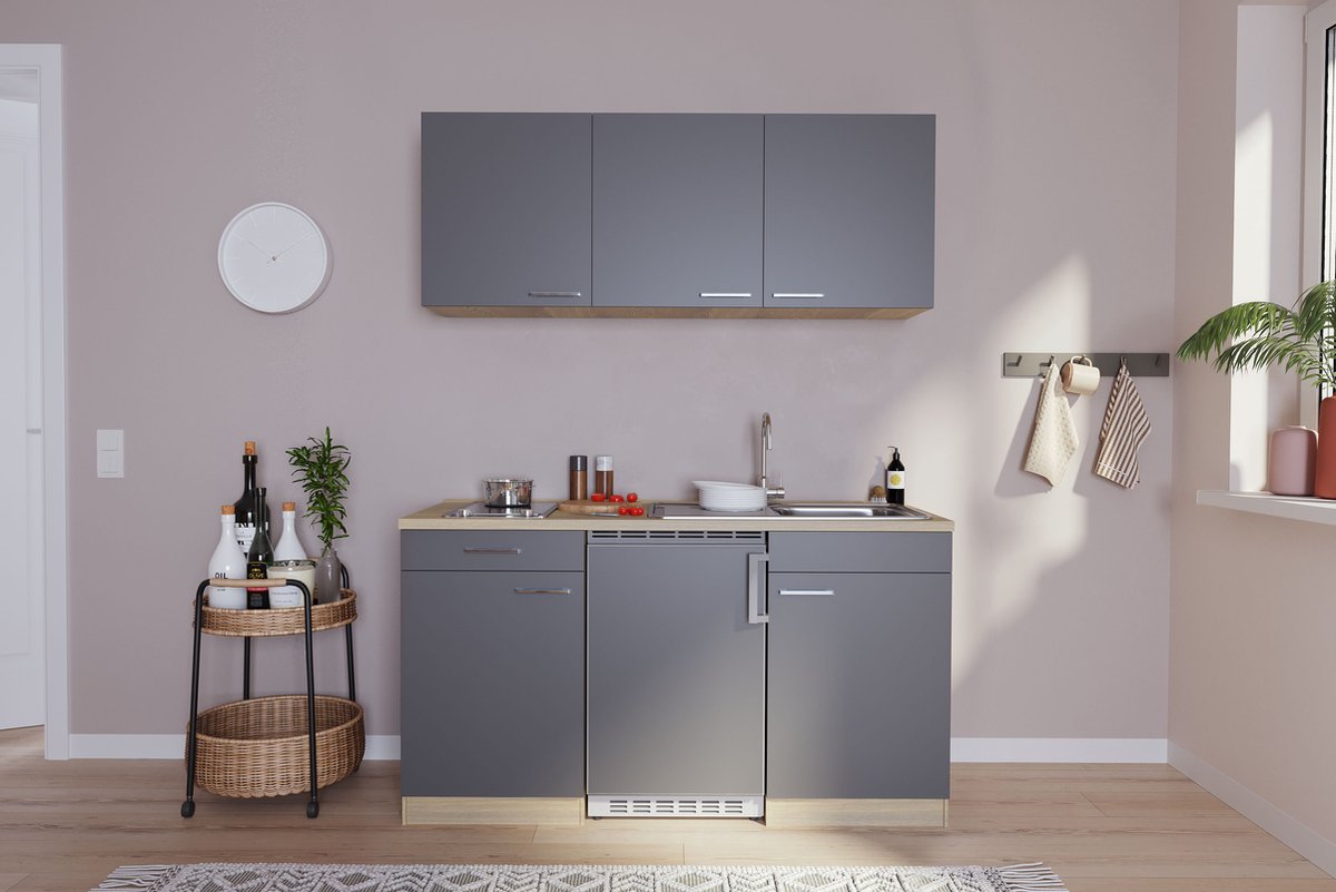 Goedkope keuken 150 cm - complete kleine keuken met apparatuur Luis - Eiken/Grijs - keramische kookplaat - koelkast - mini keuken - compacte keuken - keukenblok met apparatuur