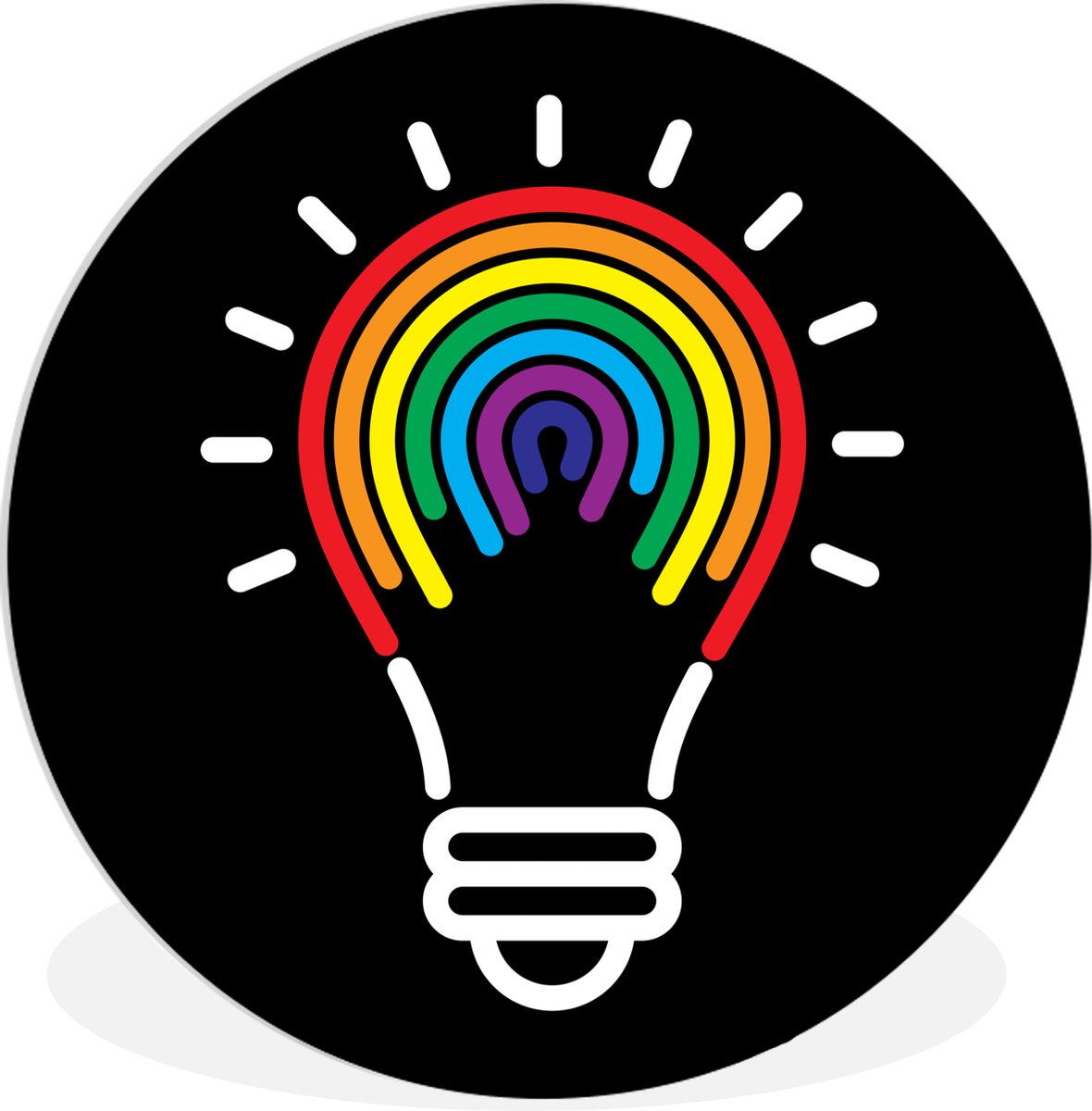 WallCircle - Wandcirkel ? 90 - Kinderillustratie gloeilamp in regenboogkleuren op zwarte a