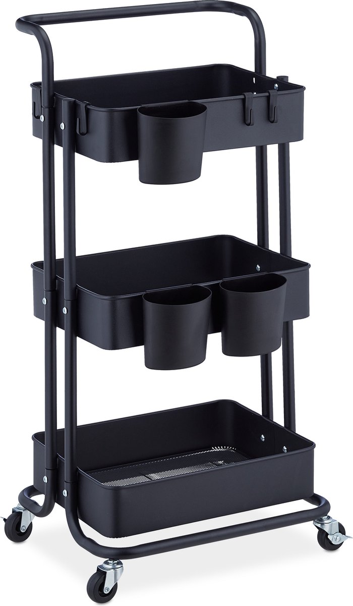 Relaxdays serveerwagen, 3 etages, 2 remmen, multifunctionele trolley voor keuken, HBD 86 x 38x 39 cm, metaal, zwart Relaxdays serveerwagen, 3 etages, 2 remmen, multifunctionele trolley voor keuken, HBD 86 x 38x 39 cm, metaal, zwart