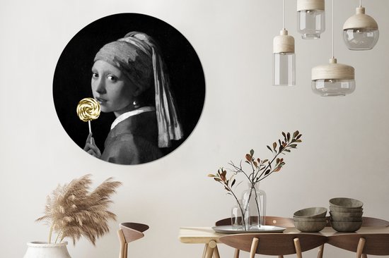 Cercle muralOld masters - Fille à la perle du maître ancien Johannes Vermeer dans les tons noir et blanc avec sucette dorée Cercle mural assiette en plastique - ⌀ 120 cm XXL /