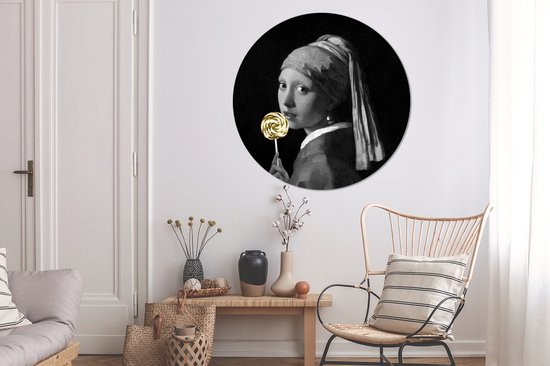 Cercle muralOld masters - Fille à la perle du maître ancien Johannes Vermeer dans les tons noir et blanc avec sucette dorée Cercle mural assiette en plastique - ⌀ 120 cm XXL /