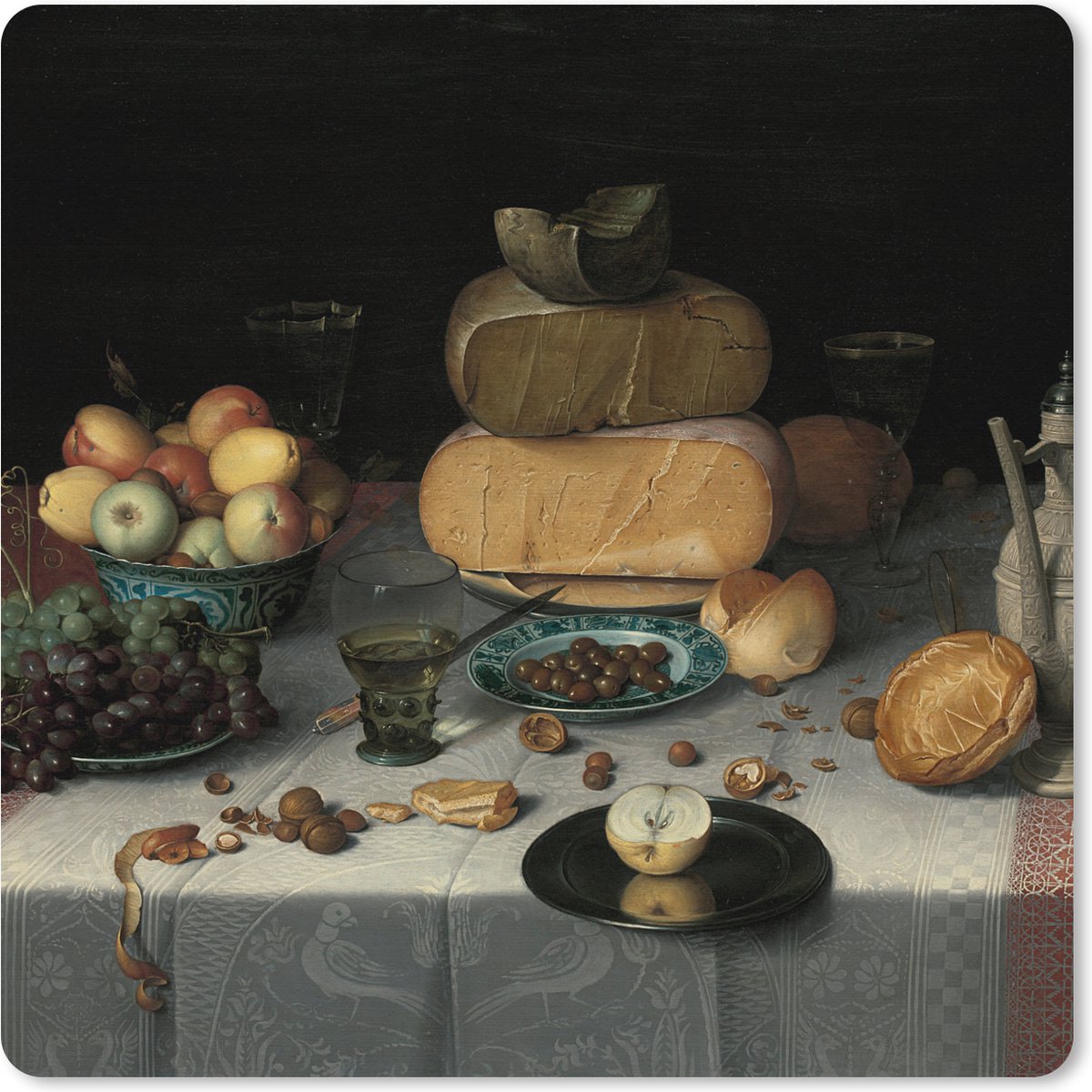 Muismat XXL 40x40 cm - Bureau onderlegger - Bureau mat Stilleven met kazen - Schilderij van Floris Claesz. van Dijck - Bureaumat - Gaming mousepad xl - Bureaulegger groot - Computer deskmat