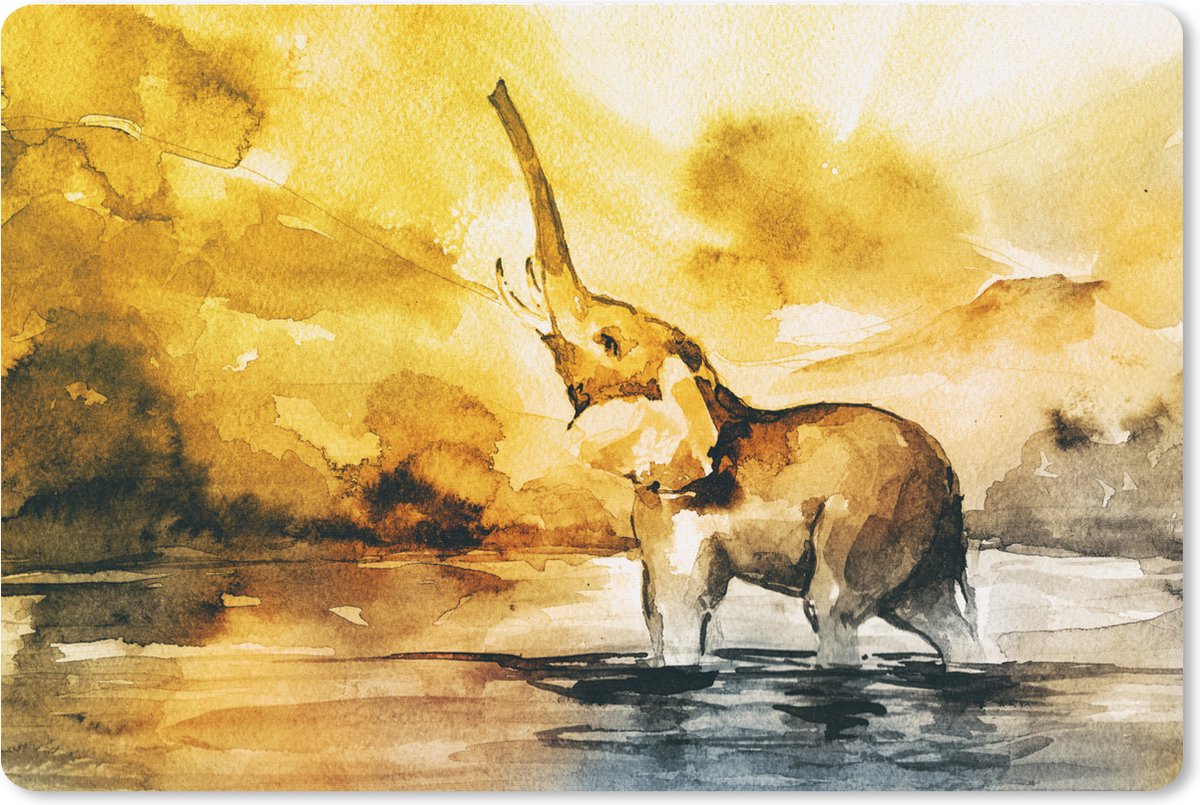 Muismat XXL - Bureau onderlegger - Bureau mat - Olifant - Aquarelverf - Water - 90x60 cm - XXL muismat