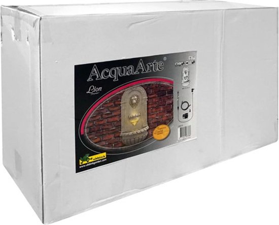 Doos met AcquaArte lion wandfontein met leeuwenkop en verlichting.