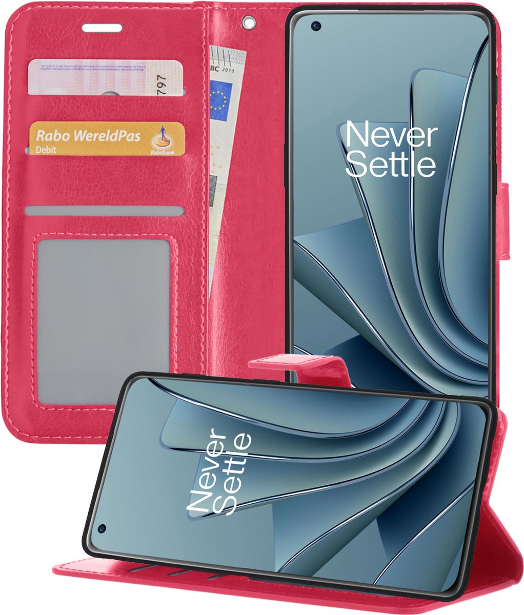 Hoesje - Geschikt voor OnePlus 10 Pro - Luxe Bookcase - Walletcase Hoes - Portemonnee - Cover - Telefoonhoes - Donkerroze