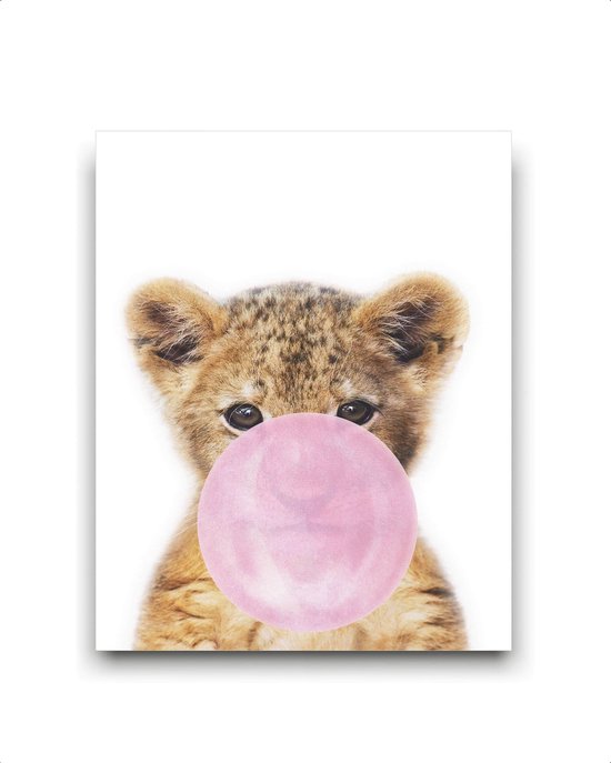 Schilderij  Jungle tijger met roze kauwgom - Jungle dieren / Kauwgombel / 40x30cm