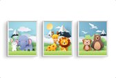 Poster Set 3 Leeuw giraf aapje beer olifant en konijn - dieren van papier / Jungle / Safari / Dieren Poster / Babykamer - Kinderposter 50x40cm