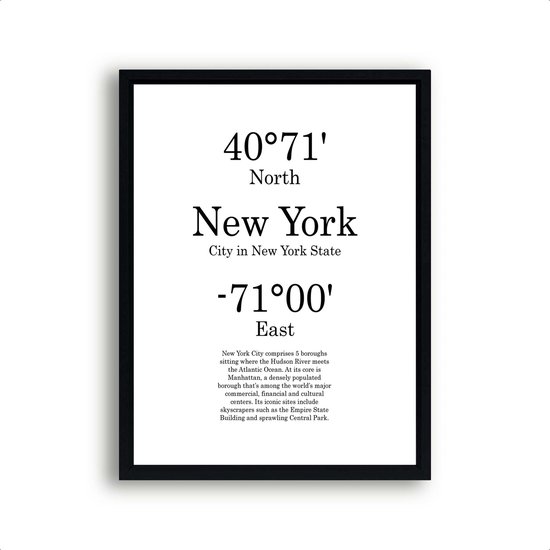 Steden Poster New York met Graden Positie en Tekst - Muurdecoratie - Minimalistisch - 50x40cm - PosterCity