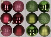 12x stuks kunststof kerstballen mix van aubergine en appelgroen 8 cm - Kerstversiering