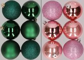 12x stuks kunststof kerstballen mix van donkergroen en roze 8 cm - Kerstversiering