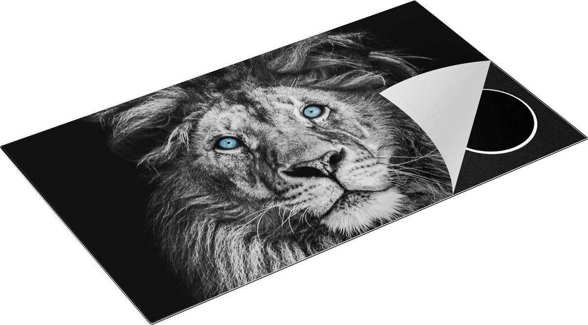 Chefcare Inductie Beschermer Leeuw met Blauwe Ogen - Zwart Wit - 90x52 cm - Afdekplaat Inductie - Kookplaat Beschermer - Inductie Mat