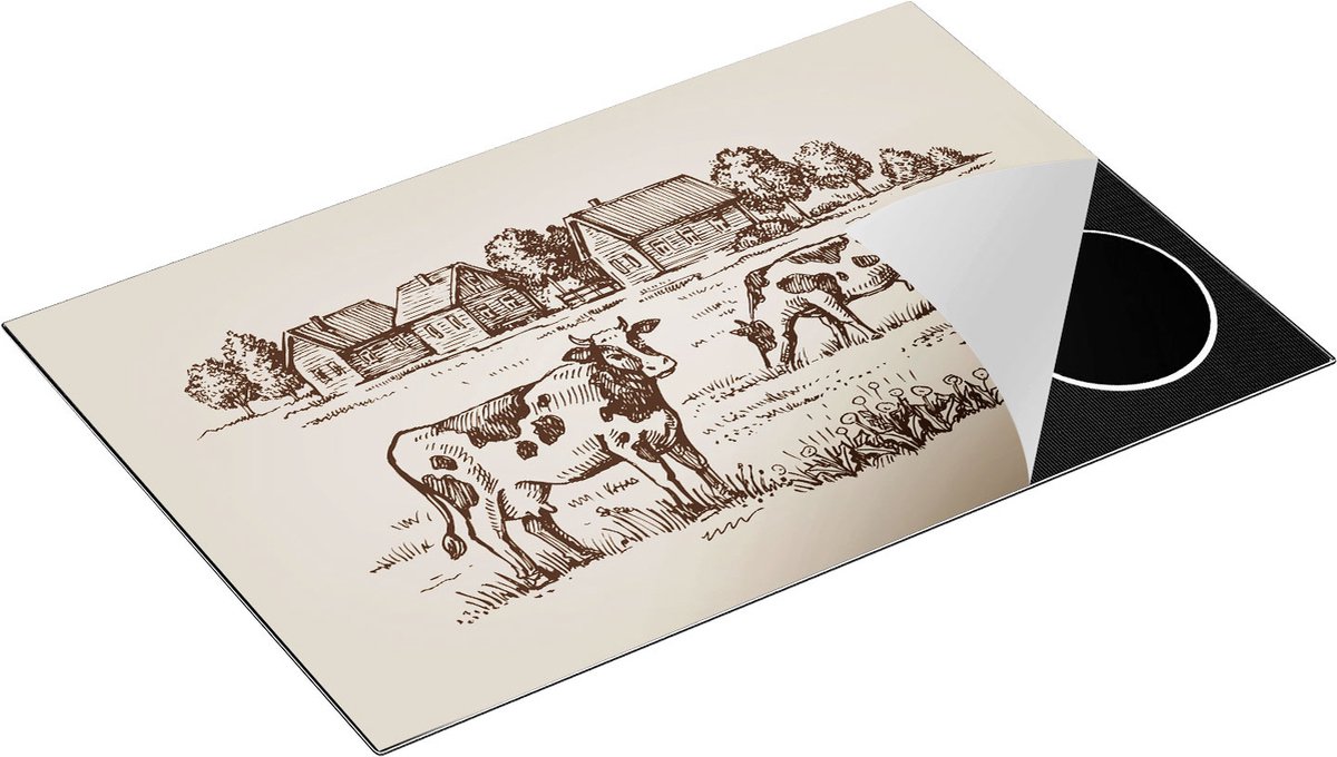 Chefcare Inductie Beschermer Getekende Koeien op een Boerderij - Abstract - 78x52 cm - Afdekplaat Inductie - Kookplaat Beschermer - Inductie Mat