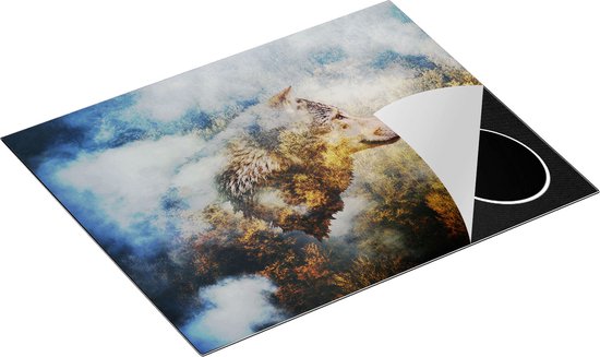 Chefcare Inductie Beschermer Wolvenkop op een Herfstbos - Wolf - Abstract - 65x52 cm - Afdekplaat Inductie - Kookplaat Beschermer - Inductie Mat