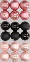 18x stuks kunststof kerstballen mix van lichtroze, zwart en oudroze 8 cm - Kerstversiering