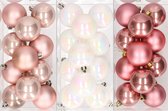 36x stuks kunststof kerstballen mix van lichtroze, parelmoer wit en oudroze 6 cm - Kerstversiering