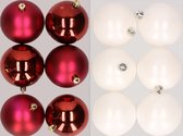 12x stuks kunststof kerstballen mix van donkerrood en winter wit 8 cm - Kerstversiering