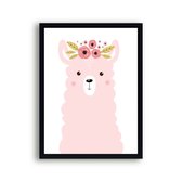 Poster Alpaca met bloemetjes - roze / Boerderij / Babykamer - Kinderkamer poster / 70x50cm