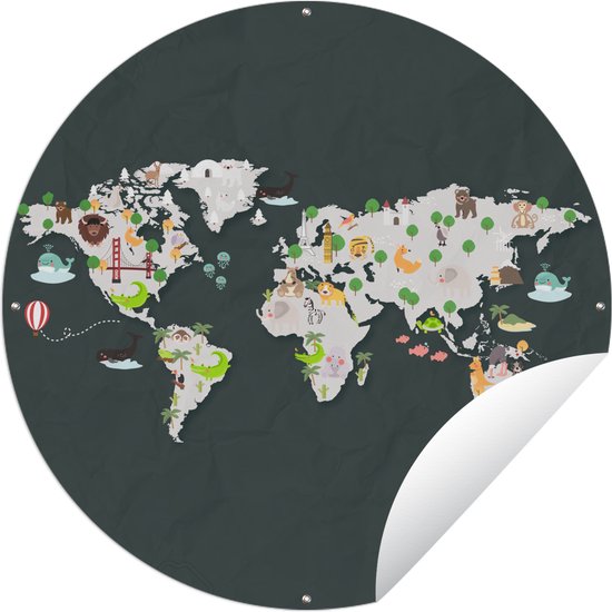 Tuincirkel Wereldkaart - Kinderen - Dieren - 60x60 cm - Ronde Tuinposter - Buiten