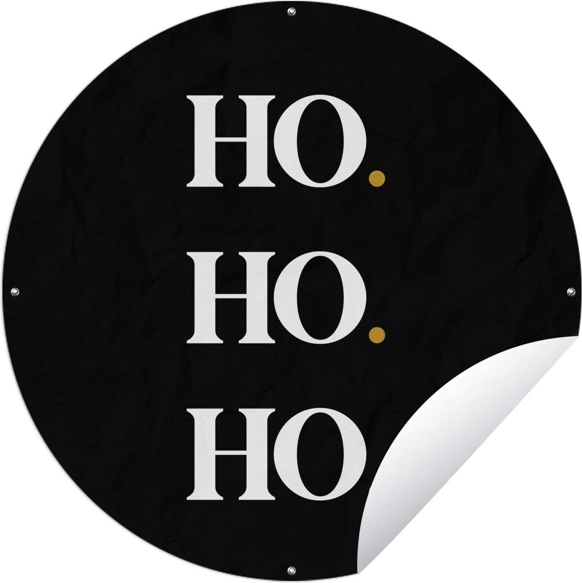 Kleurrijke kerstman en inspirerende quotes op ronde tuinposter van 150x150 cm voor kerstsfeer in de tuin.