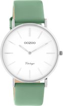 OOZOO Vintage series - Zilveren horloge met groene leren band - C20251