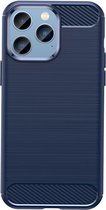 iPhone 14 Pro Max Hoesje - MobyDefend TPU Gelcase - Geborsteld Metaal + Carbonlook - Navy Blauw - GSM Hoesje - Telefoonhoesje Geschikt Voor iPhone 14 Pro Max