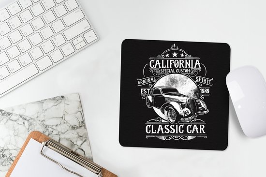 Muismat 20x20 cm - Mousepad Mancave - Auto - Vintage - Zwart - Wit - Muismatten