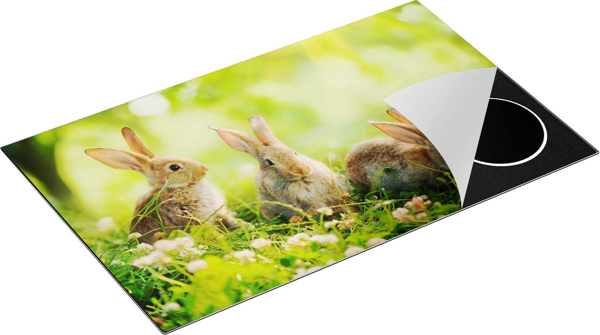 Chefcare Inductie Beschermer Drie Konijnen op het Gras bij Zonneschijn - 85x50 cm - Afdekplaat Inductie - Kookplaat Beschermer - Inductie Mat