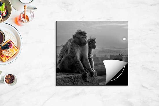 Chefcare Inductie Beschermer Twee Apen Bekijken de Zonsondergang - Zwart Wit - 59x52 cm - Afdekplaat Inductie - Kookplaat Beschermer - Inductie Mat