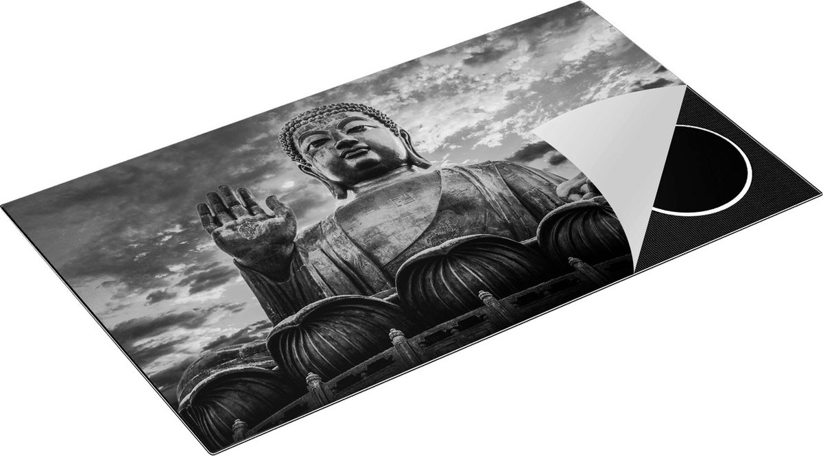 Chefcare Inductie Beschermer Boeddha Beeld bij een Tempel - Zwart Wit - 91,2x52 cm - Afdekplaat Inductie - Kookplaat Beschermer - Inductie Mat