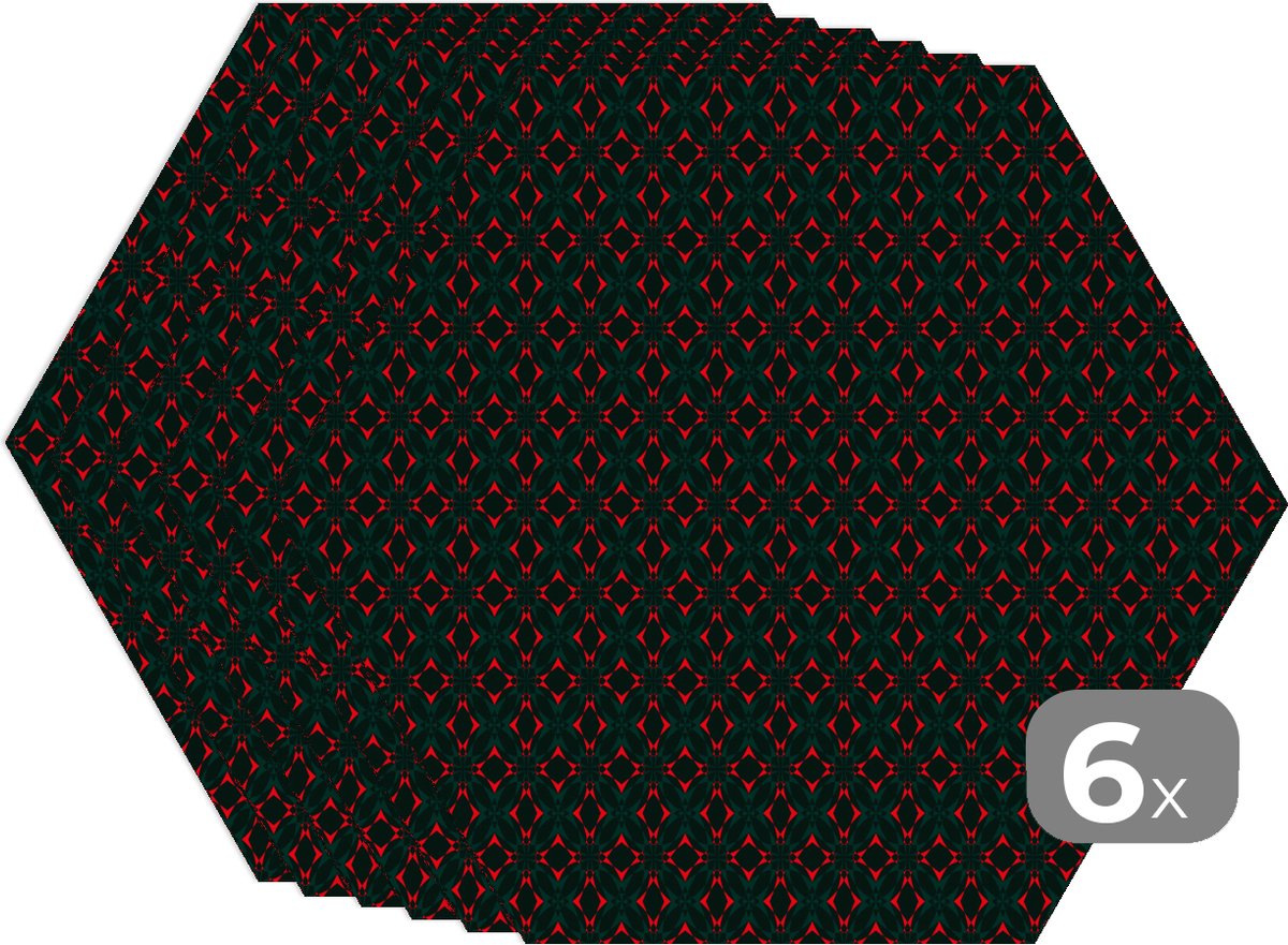 Placemats hexagon - Onderleggers placemats - Placemat zeshoek - Patroon - Rood - Versiering - 6 stuks