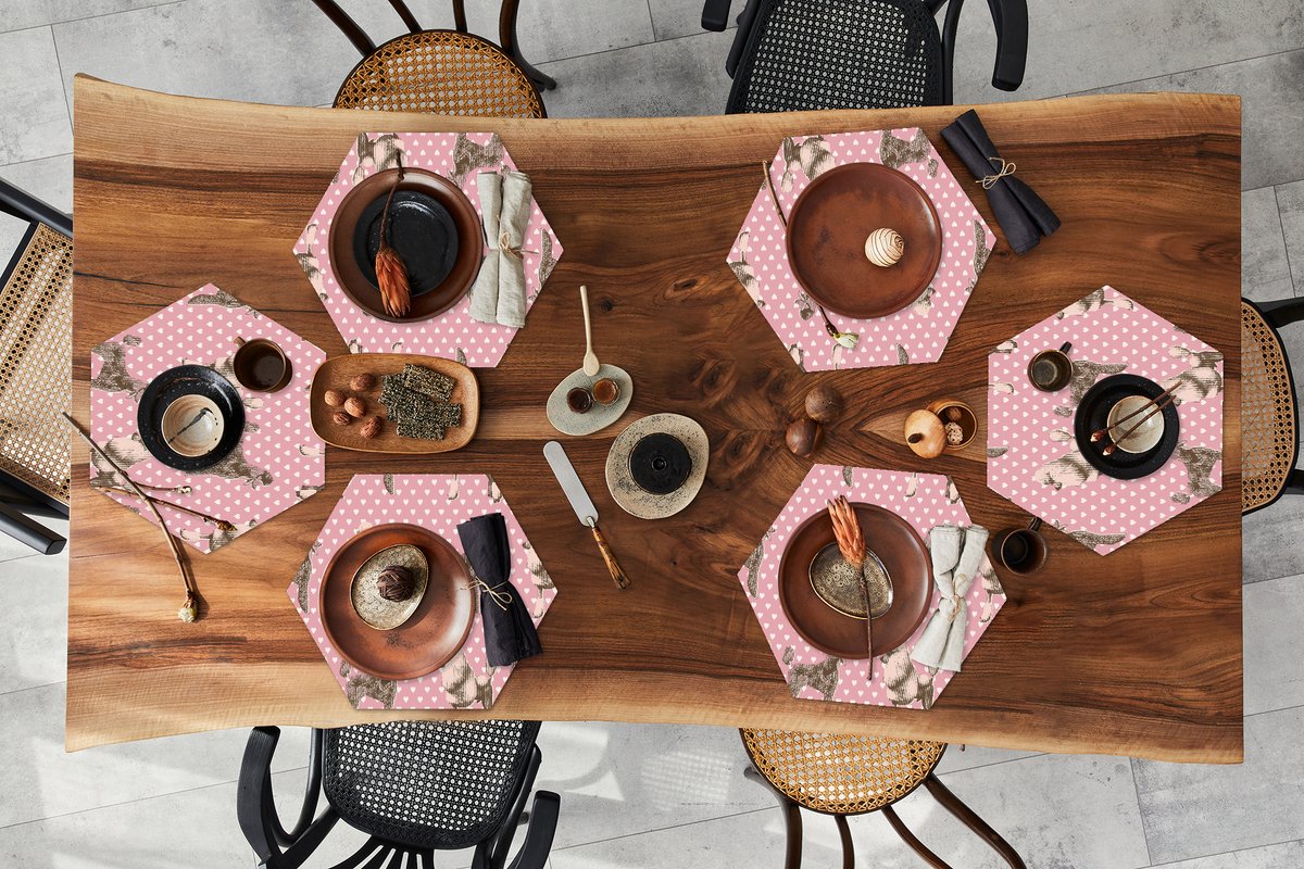 Placemats hexagon - Onderleggers placemats - Placemat zeshoek - Hart - Poedel - Patroon - 6 stuks