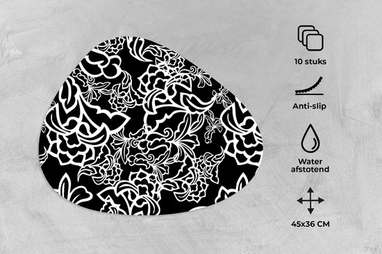 Placemat organisch - Placemats organic - Onderleggers - Patronen - Bloem - Zwart Wit - 10 stuks