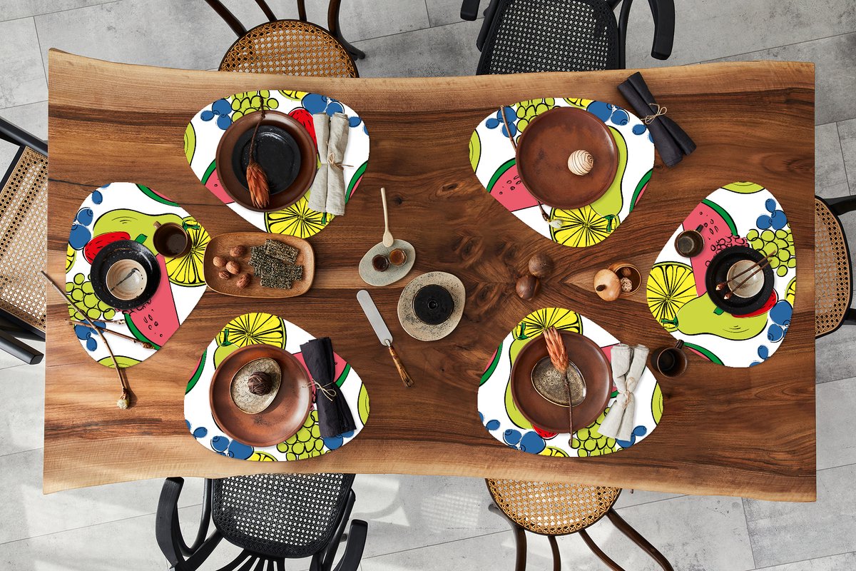 Placemat organisch - Placemats organic - Onderleggers - Fruit - Cartoon - Patroon - 6 stuks