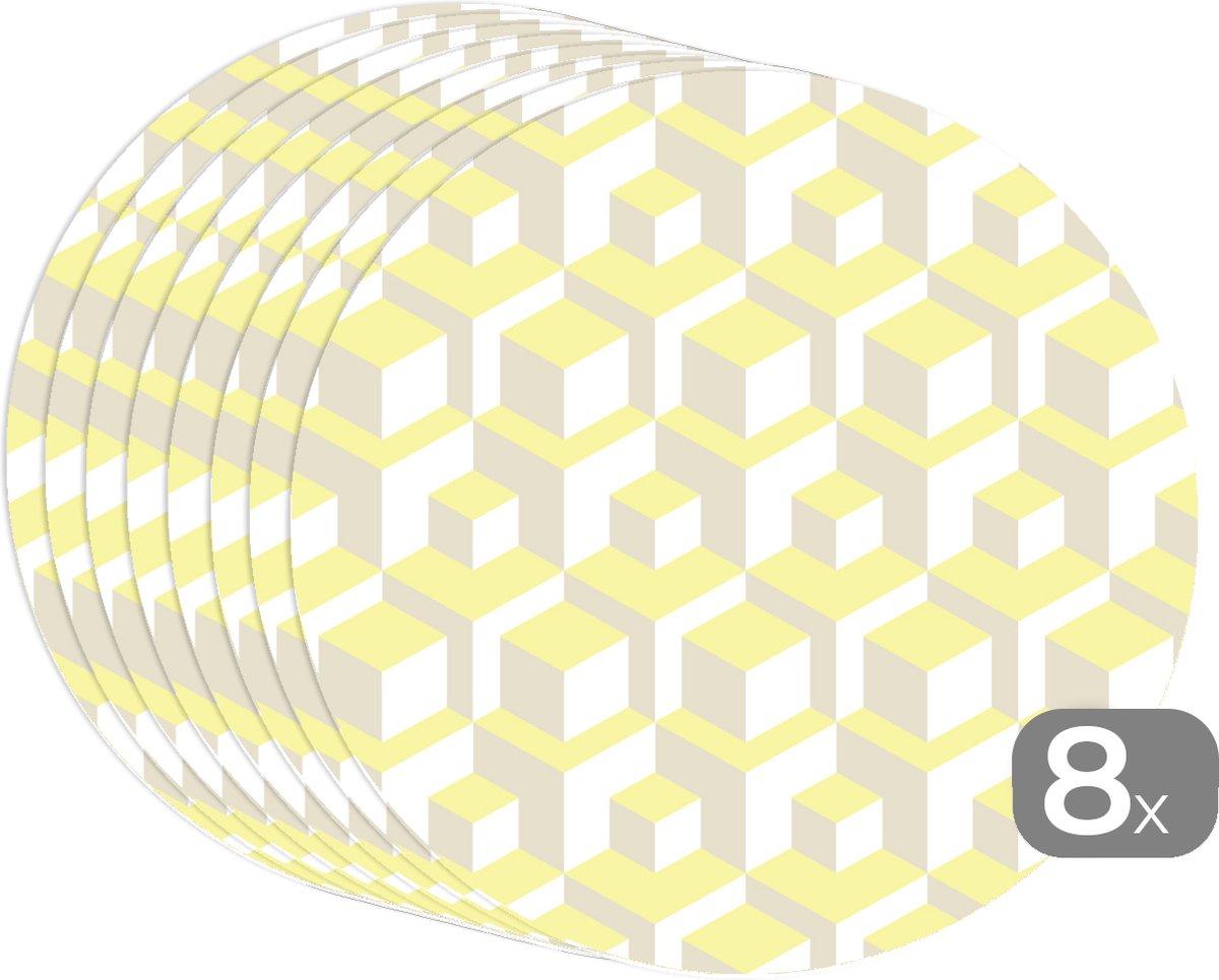 Ronde placemats - Onderlegger - Placemats rond - Blokken - Patronen - 3D - Geel - 8 stuks